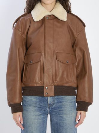 Saint Laurent Womens Brown Leather Bomber Jacket With Shearling Collar - Size EU 36 (Womens)