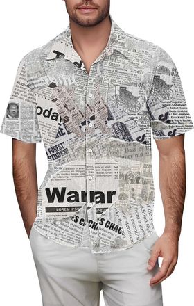 Generic Hawaiian Shirts for Men Short Sleeve T-Shirts Summer Newspaper Print Shirt with Pocket Button Tops Vacation Clothes Ropa para Hombre(White, XXL)