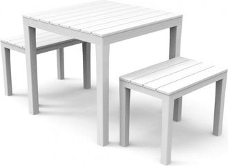 Dmora Dmora - Sal&oacute;n De Jard&iacute;n Dkabash, Conjunto De Jard&iacute;n Con 1 Mesa Cuadrada Y 2 Bancos, Pic Nic Para Interior Y Exterior, 100% Made In Italy, Blanco