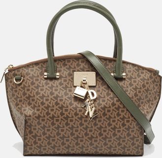DKNY Dkny Khaki Brown/green Monogram Coated Canvas And Leather Padlock Charm Satchel