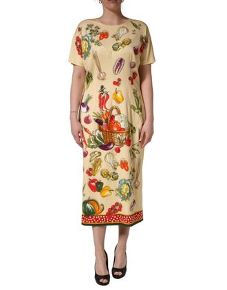 Dolce & Gabbana Womens Beige Fruit Polkadot Sheath Silk Midi Dress Elastane