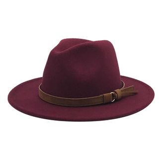 Generic Classic Men Windfall Men & Women Vintage Wide Brim Fedora Hat with Belt Buckle Leopard (Wine, One Size)