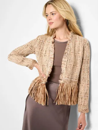 Nic+Zoe Isadora Iconic Cork Fringe Knit Jacket In Neutral Multi