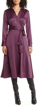 Tahari by ASL Geo Print Long Sleeve Hammered Satin Midi Shirtdress in Navy/Black Cherry at Nordstrom Rack, Size 10