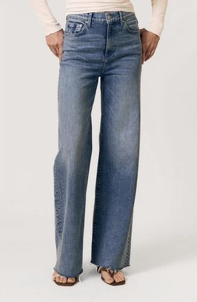 LE JEAN Embellished Frayed High Waist Column Jeans in Crystal Blue at Nordstrom, Size 28