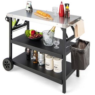 Costway Costway 3-Tier Foldable Outdoor Cart on 2 Wheels Stainless Steel Food Prepare Dining Cart BBQ Table in Black
