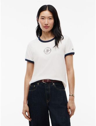Tommy Hilfiger Womens Script Monogram Ringer T-Shirt - Ivory Silk - XXL