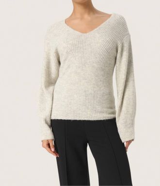 Soaked In Luxury Rakel V-Neck Rib Knit Pullover In White Grey Melange