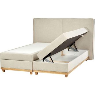 Beliani Letto matrimoniale moderno in tessuto con contenitore EU King Size 180 x 200 cm Beige Bonell Materasso a molle Dynasty