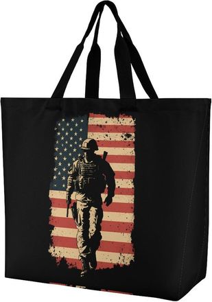 Generic Solider And U.S. Flag Large Reusable Shopping Bag Lightweight Foldable Tote Bags Washable Shoulder Handbag