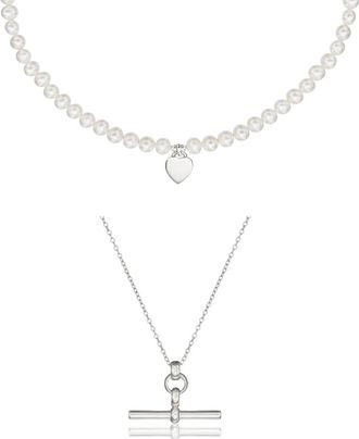 Lily & Roo Silver T-Bar and Large Pearl Personalised Heart Necklace Gift Set