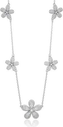 Suzy Levian Cubic Zirconia Flower Pav&eacute; Station Necklace in White at Nordstrom Rack