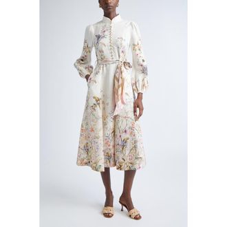 Zimmermann Rebellion Linen Button Midi Dress in Cream Aviary at Nordstrom, Size 4