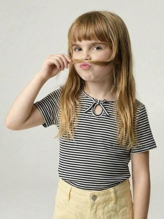 Vertbaudet T?Shirt M&auml;dchen mit Zierschleife am Hals blau gestreift