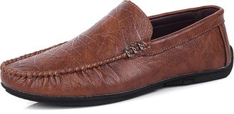 Generic Mens Loafers Shoe PU Embossed Round Toe Stitching Details Slip Resistant Flat Heel Flexible Comfortable Driving Party Slip-ons(Brown,7.5 UK)