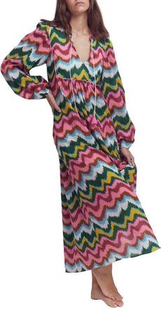 Boden Boho Print Tie Neck Cotton Kaftan Midi Dress in Multi, Zig Zag Wave at Nordstrom, Size 10