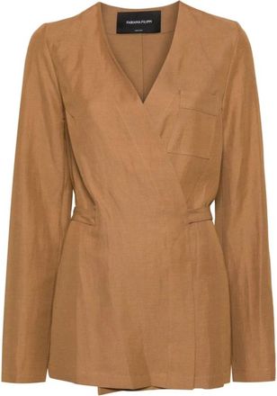 Fabiana Filippi Twill V-Neck Jas Zand - Dames - Blouses - Beige - M - Linnen - Overhemden