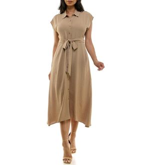 Nina Leonard Tie Waist Midi Shirtdress in Tan at Nordstrom Rack, Size X-Large
