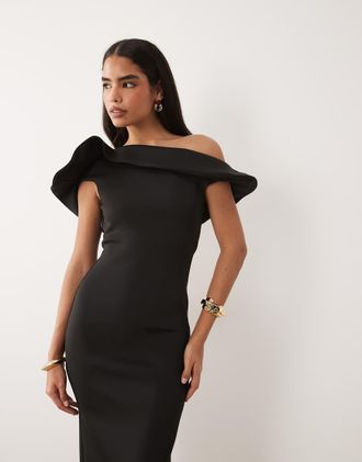 Asos Vestito midi nero in tessuto scuba con retro stile mantella e scollo alla Bardot profondo