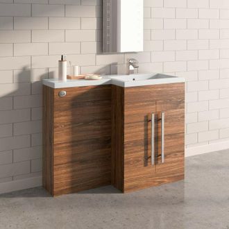 NRG l Shape Bathroom Furniture Cabinet Combination Vanity Unit Basin Right Hand Walnut