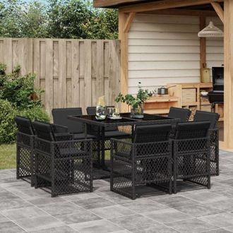 vidaXL Vidaxl - Set De Comedor De Jard&iacute;n 9 Pzas Y Cojines Rat&aacute;n Sint&eacute;tico Negro