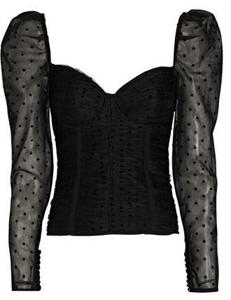 Self Portrait Black Polka-Dot Mesh Long-Sleeve Corset Top Size S