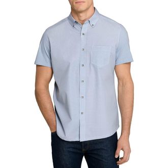 W.R.K Slim Fit Micro Circle Reworked Short Sleeve Button-Down Shirt in Navy at Nordstrom, Size X-Large
