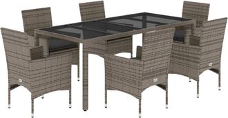 vidaXL Vidaxl - Set Comedor Jard&iacute;n 7 Pzas Y Cojines Rat&aacute;n Sint&eacute;tico Vidrio Gris
