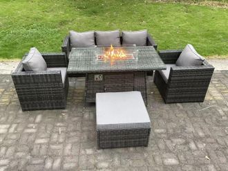 Fimous Outdoor PE Rattan Garden Furniture Gas Fire Pit Dining Table Armchairs With Big Footstool Dark Grey Mixed