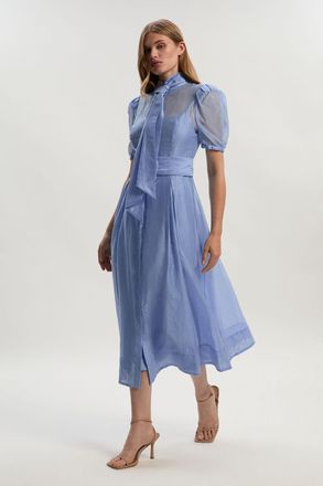 Karen Millen Womens Tall Organdie Tie Neck Woven Midi Dress - Light Blue Linen - Size 6 UK