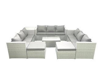 Fimous Rattan Garden Outdoor Furniture Set 11 Seater Garden Sofa Coffee Table Set with 2 Big Footstools Side Table Light Grey Mixed