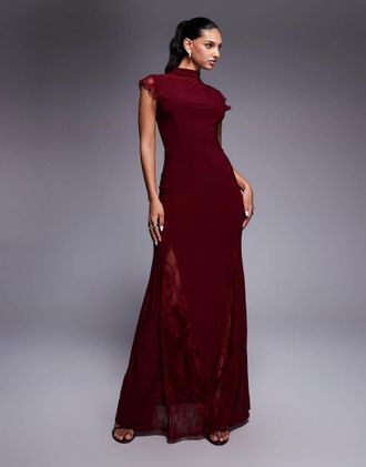 Asos Vestito lungo accollato bordeaux con inserto in pizzo e maniche ad aletta-Rosso