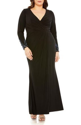 Mac Duggal Long Crystal Detail Sleeve V Neck Gown in Black at Nordstrom, Size 18W