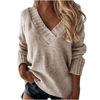 Generic Womens Knitted Jumpers V Neck Long Sleeve Tops Ladies Lightweight Jumpers Loose Pullover Sweater Fall Fashion Solid Color Oversized Sweatshirt Comfy K