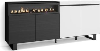 Skraut Home Aparadores Para Sal&oacute;n, Gran Capacidad De Almacenaje, 200x87x35cm, 4 Puertas, Chimenea El&eacute;ctrica, Dise&ntilde;o Industrial, Estilo Moderno, Blanco Y Negro - S