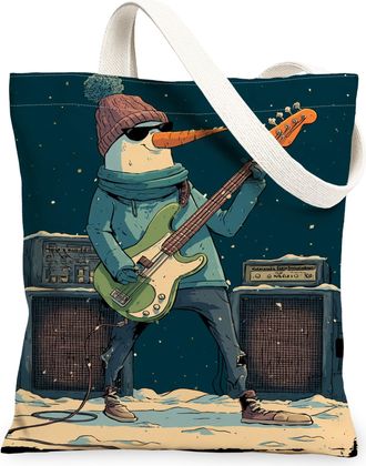 Generic Winter Snow Man Canvas Tote Bags, Music Character Pattern Reusable Grocery Bags, Lightweight Washable Shoulder Strap for Travel Beach Picnic 13x15 Inc