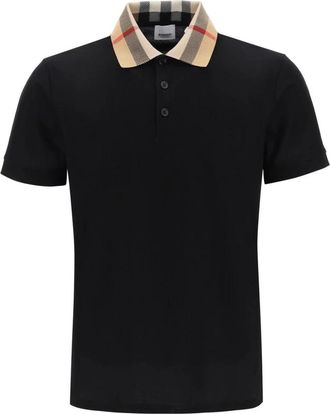 Burberry Tops, Heren, Zwart, S, Katoen, Polo Shirt met Check Kraag van Katoen