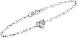 RS Pure by Ross-Simons Pave Diamond Heart Paper Clip Link Bracelet in Sterling Silver