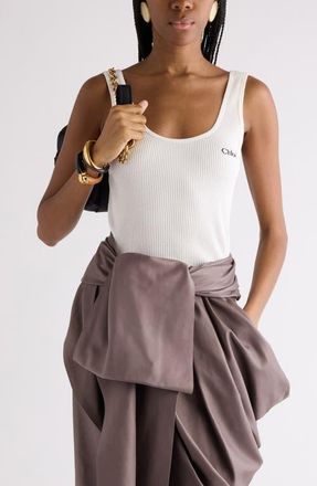 Chlo&eacute; Logo Embroidered Cotton Rib Tank in White at Nordstrom, Size Medium