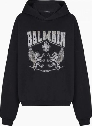 Balmain Mens Crystal Embroidered Hoodie Black - Size: 36
