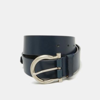 Ferragamo Dark Blue Leather Gancio Buckle Belt