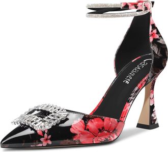 Castamere Women High Chunky Block Heel Ankle Strap Diamond Crystal Pointed Toe Pumps Court Shoe 8.5 CM Heels Multicolor A 4 UK