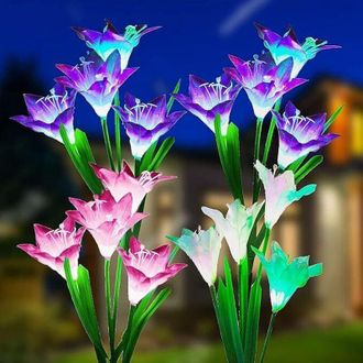 OEM Juego De 4 Luces Solares Para Jard&iacute;n, Con Cambio De Color Y 16 Flores De Lirio Solares M&aacute;s Grandes. Luces Solares Impermeables Ip65 Para Decoraci&oacute;n De