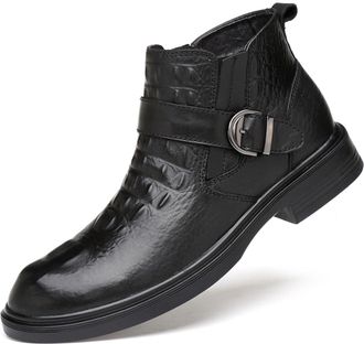 Generic Mens Genuine Leather Pointed Toe Dress Chelsea Boots Adjustable Buckle Inner Zipper Ankle Boots Casual Formal Business Booties (12.5,Black 2 Plush)