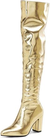 Generic Womens Pointed Toe Over The Knee Boots PU Leather Long Boot with Side Zipper Chunky High Heel Thigh High Boots,Gold,5.5 UK