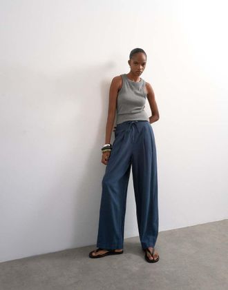 Topshop Pantaloni a palloncino in lino color ardesia allacciati in vita-Blu