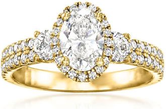 Grown Brilliance 2.10 Carat Oval Lab Grown 3 Stone Diamond Engagement Ring in 14K Yellow Gold, Side Stones, H Color, VS Clarity