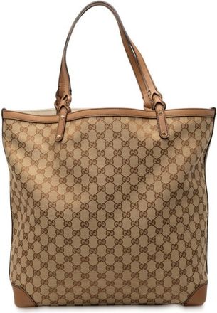 Gucci Gg Canvas Beige Brown Gg Canvas Leather Tote Bag (Pre-Owned)