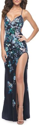 La Femme Floral Embroidered and Sequin Print Gown with Lace Up Back in Navy at Nordstrom, Size 12