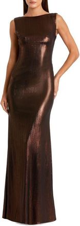 Mac Duggal Petite Metallic Column Evening Gown with Elegant Cowl Back in Espresso at Nordstrom, Size 4